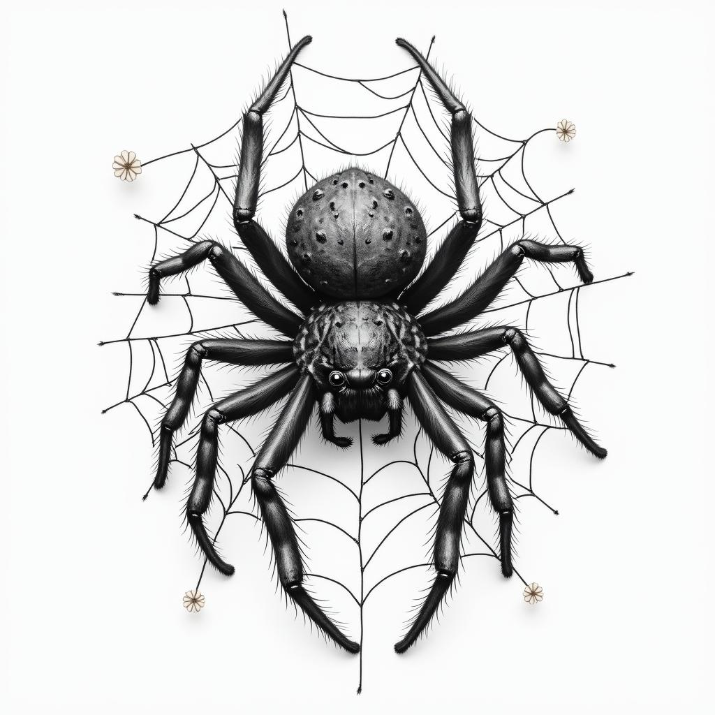 Small spider on web with lots of flowersin portrait tattoo style, featuring a highly realistic and detailed depiction  - Variation 7