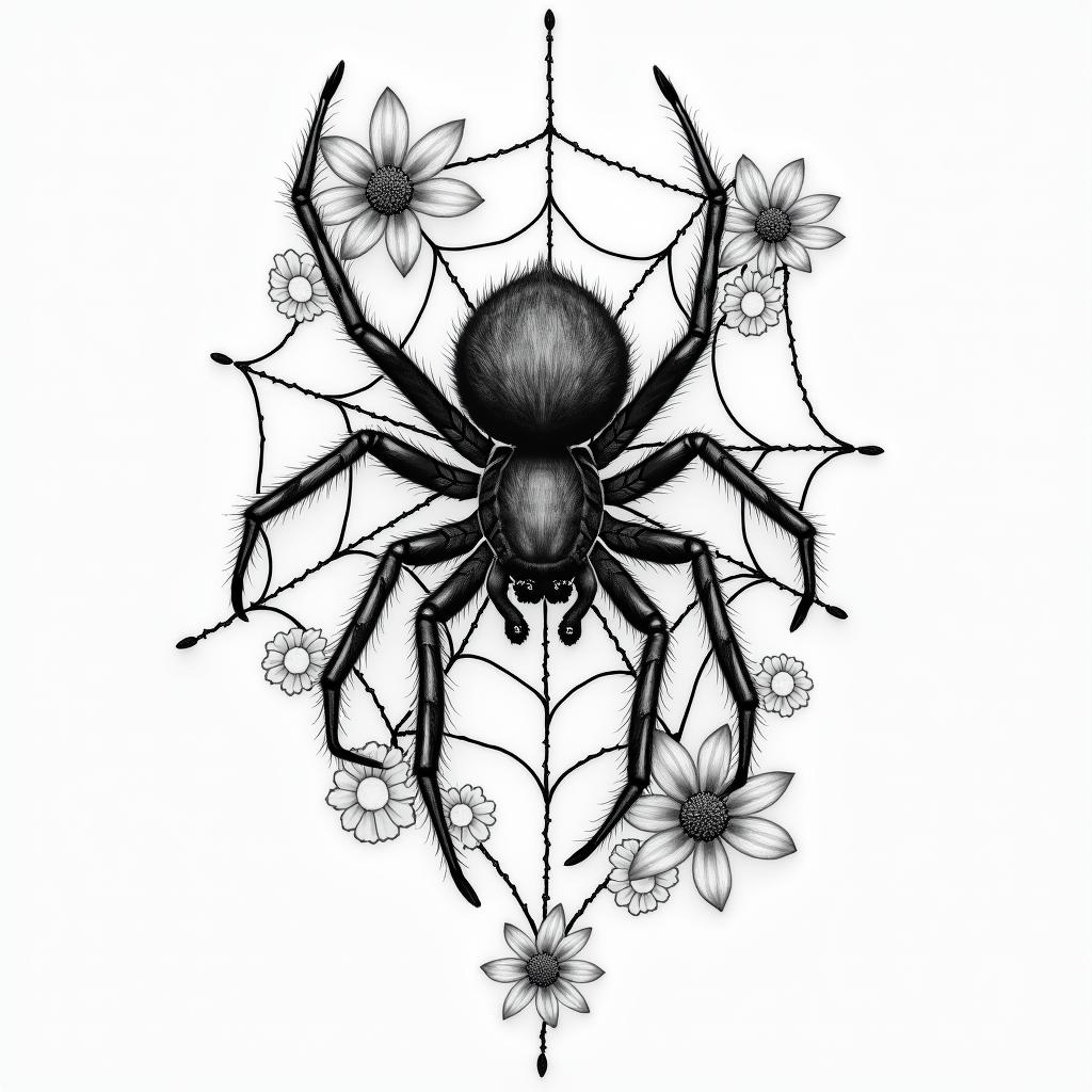 Small spider on web with lots of flowersin portrait tattoo style, featuring a highly realistic and detailed depiction  - Variation 6