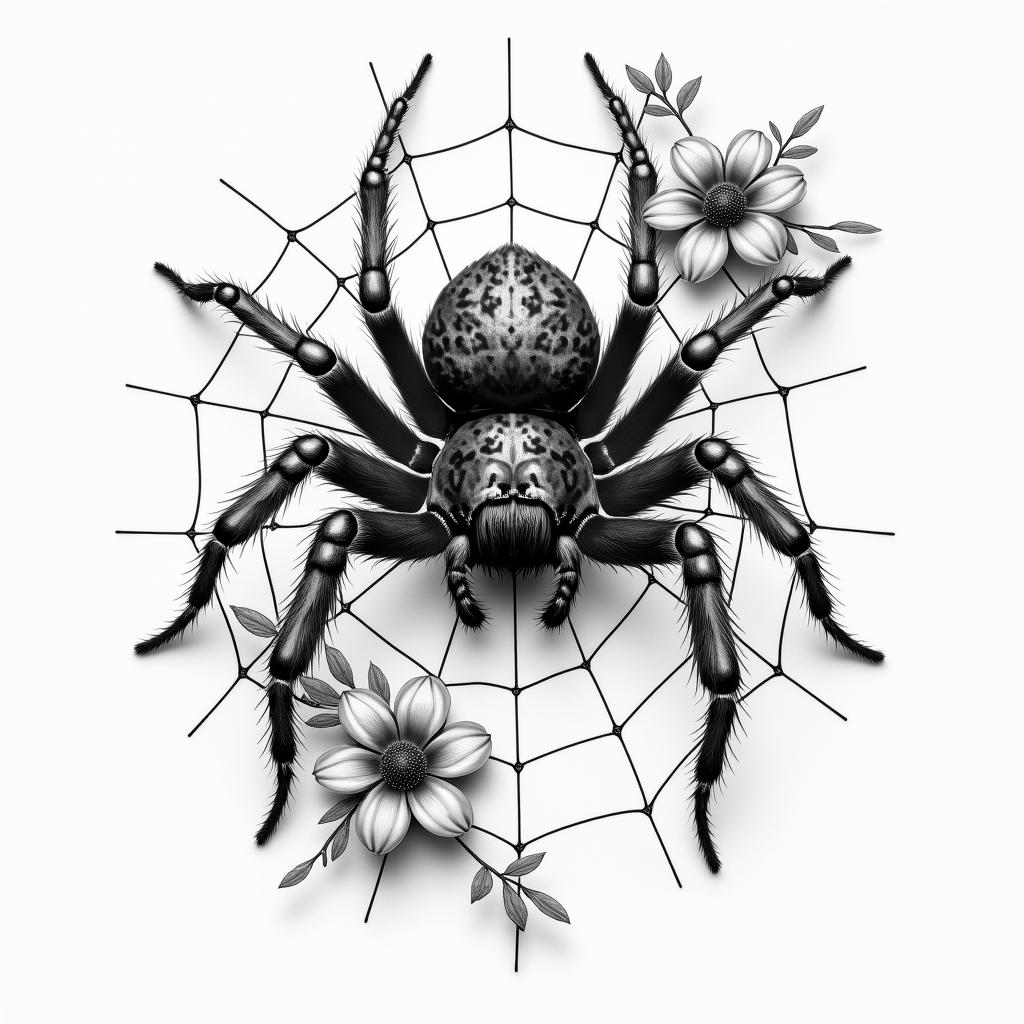 Small spider on web with lots of flowersin portrait tattoo style, featuring a highly realistic and detailed depiction  - Variation 2