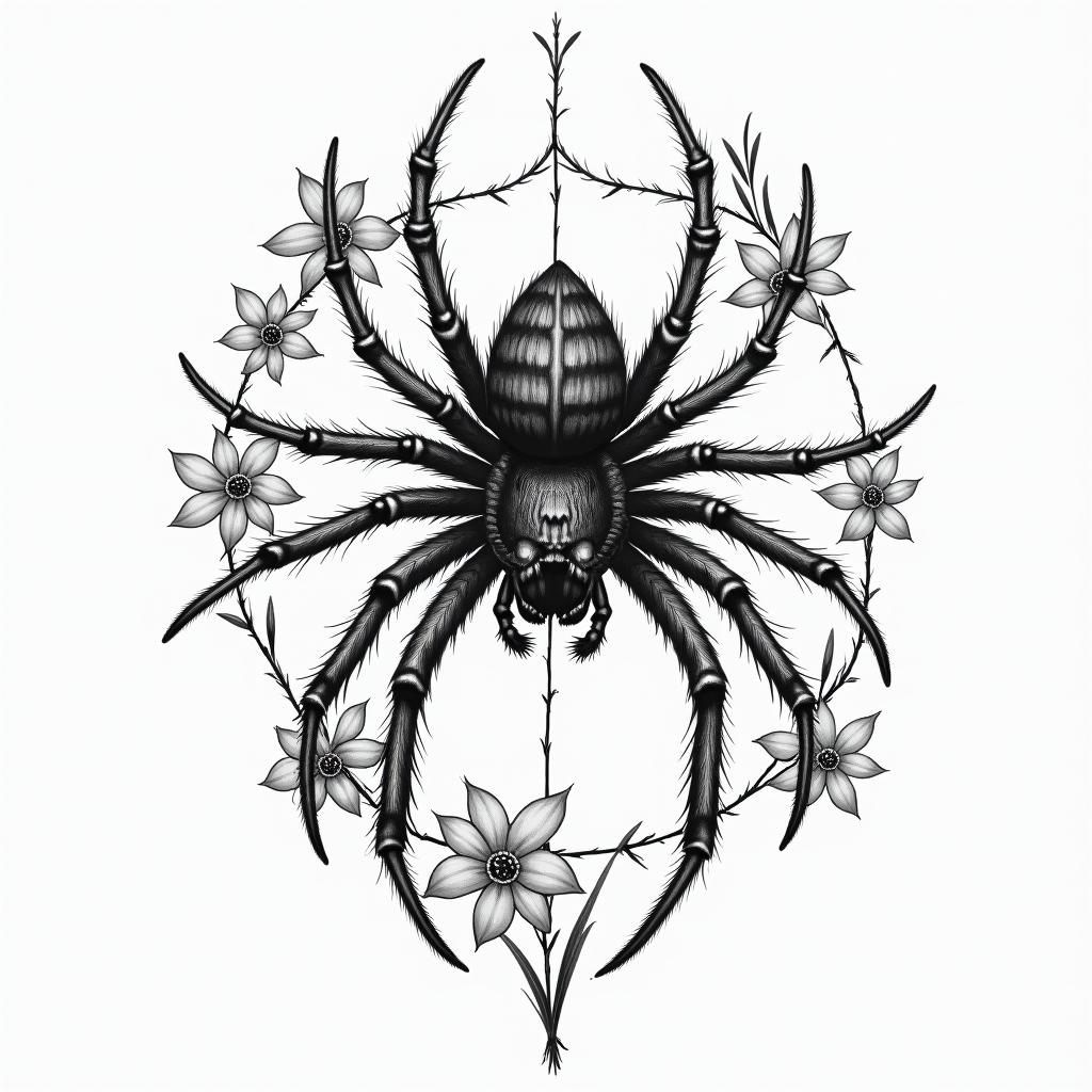 Small spider on web with lots of flowersin portrait tattoo style, featuring a highly realistic and detailed depiction