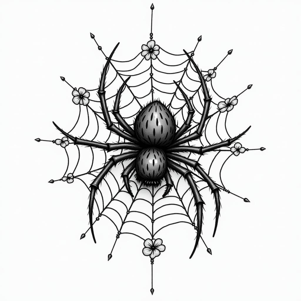 Small spider on web with lots of flowersin new school tattoo, pop culture, modern, detailed tattoo, illustrative - Variation 12