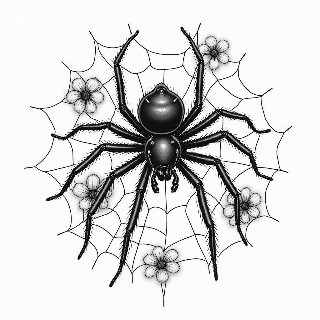 Small spider on web with lots of flowersin new school tattoo, pop culture, modern, detailed tattoo, illustrative - Variation 10