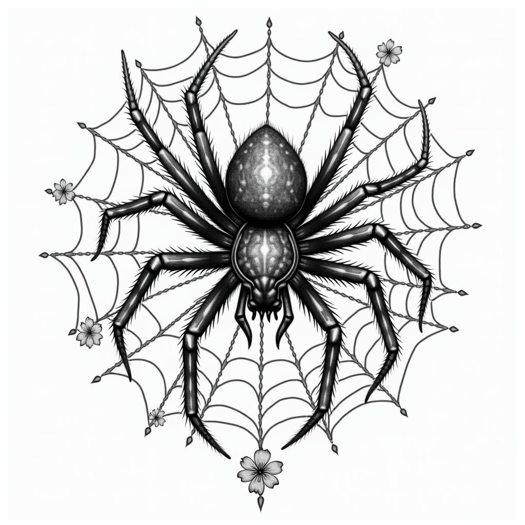 Small spider on web with lots of flowersin new school tattoo, pop culture, modern, detailed tattoo, illustrative - Variation 6
