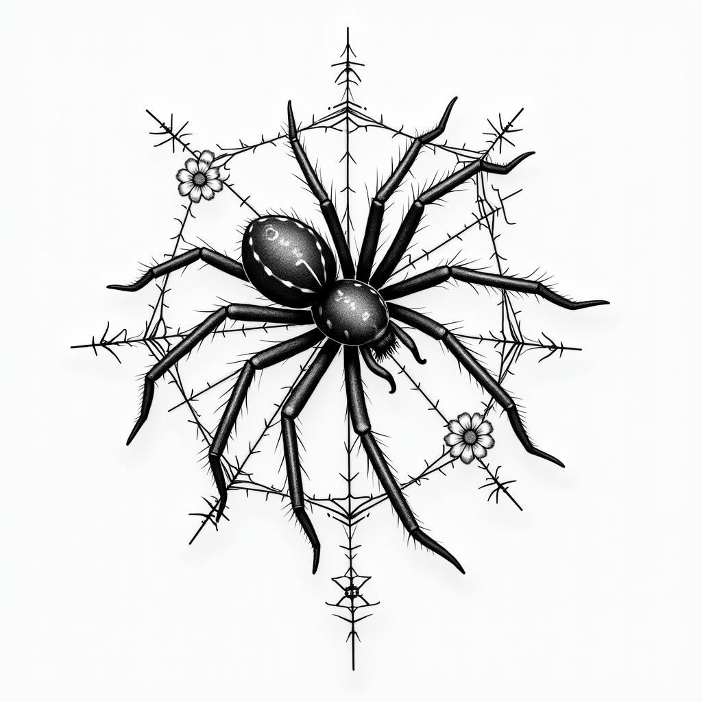 Small spider on web with lots of flowersin new school tattoo, pop culture, modern, detailed tattoo, illustrative - Variation 5