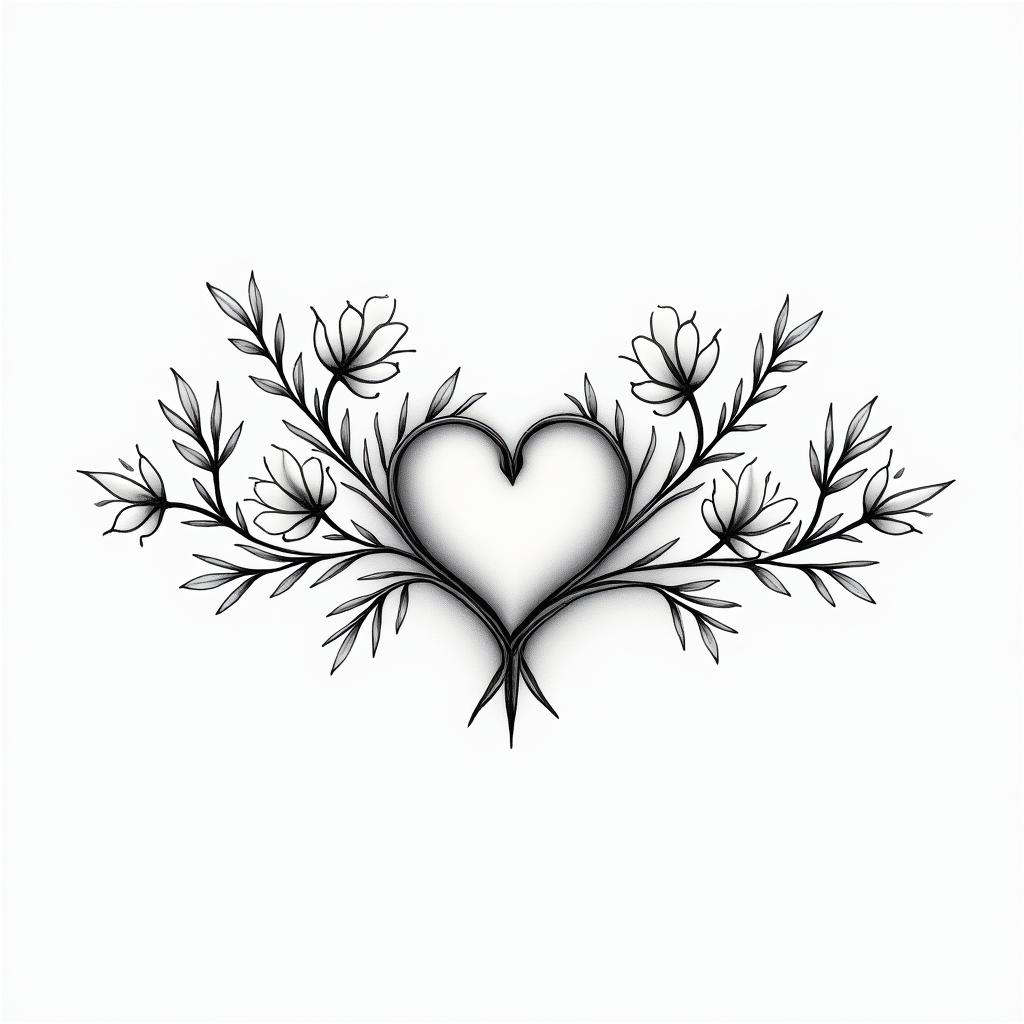Vines with flowers, very largein Modest style tattoo, featuring soft, delicate line work with simple and meaningful symbols, gentle waves, a heart, evoking a sense of serenity and grace,