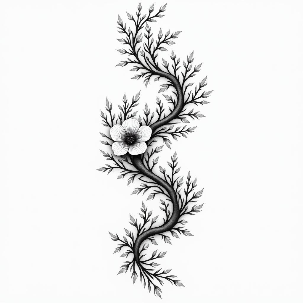 Vines with flowers, very largein Modest style tattoo, featuring soft, delicate line work with simple and meaningful symbols, gentle waves, a heart, evoking a sense of serenity and grace, - Variation 4