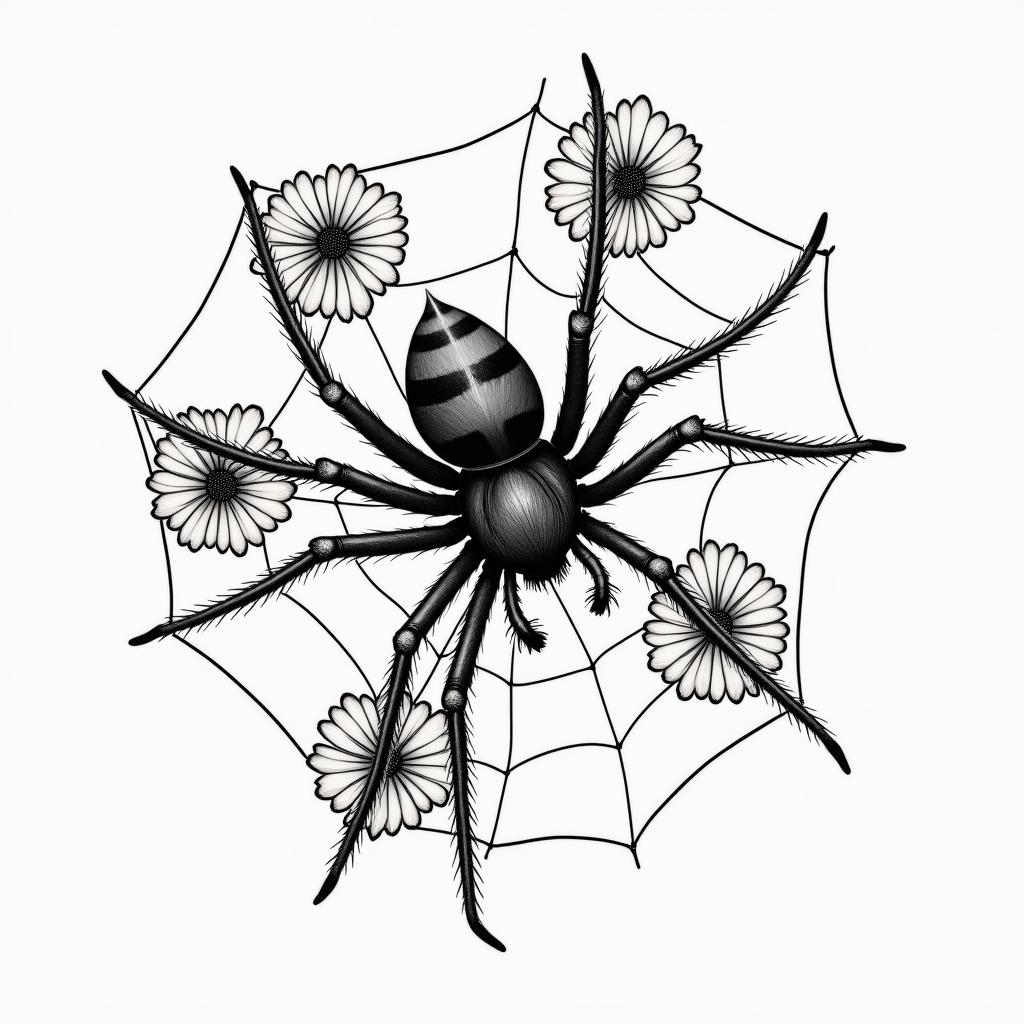 Small spider on web with lots of flowersin new school tattoo, pop culture, modern, detailed tattoo, illustrative
