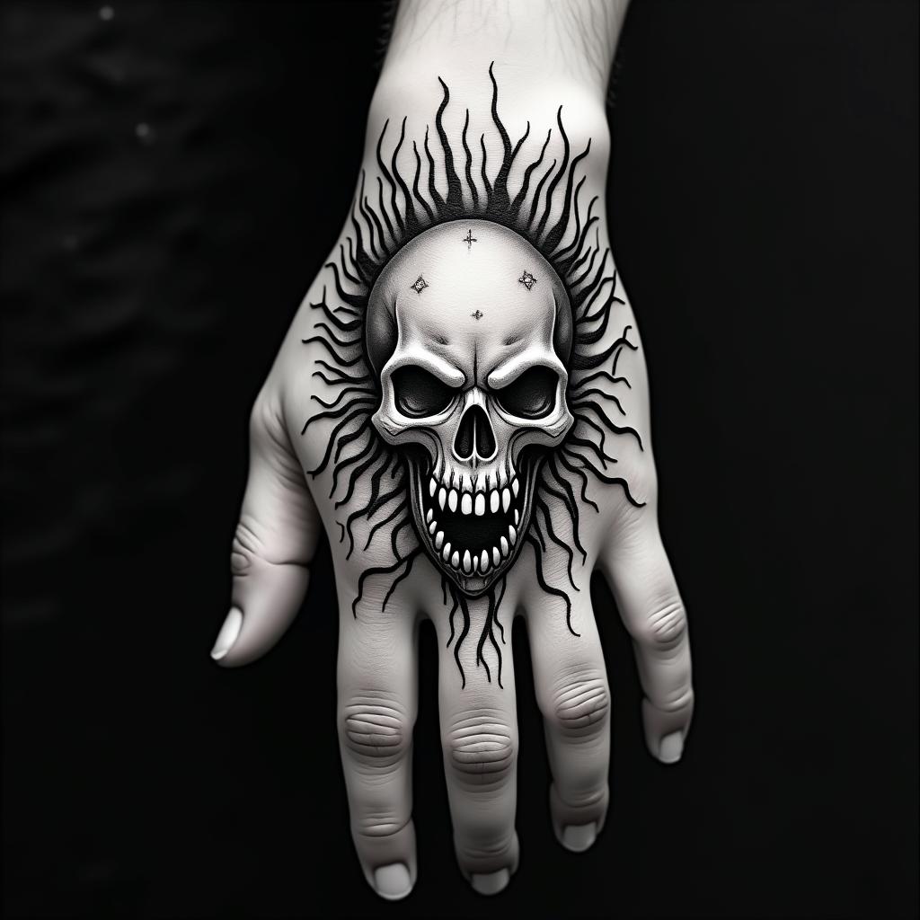 Creepy spikey vines on handcreepy horror tattoo style, featuring an eerie and unsettling skull of a demonic creature, distorted face with sharp fangs, add pentagram symbol - Variation 2