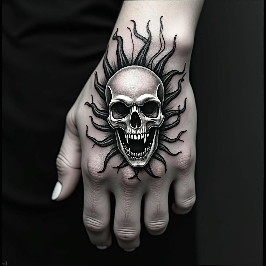 Creepy spikey vines on handcreepy horror tattoo style, featuring an eerie and unsettling skull of a demonic creature, distorted face with sharp fangs, add pentagram symbol - Variation 4