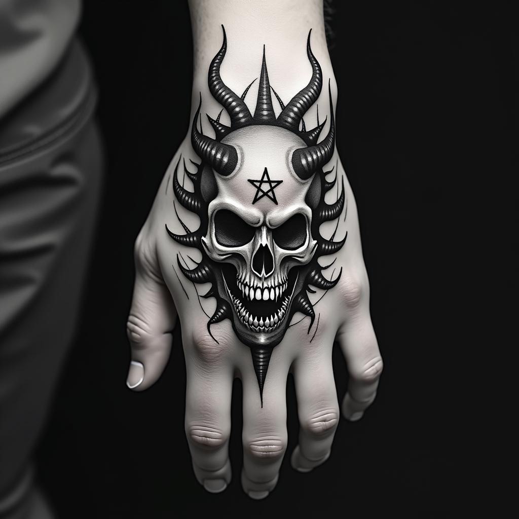 Creepy spikey vines on handcreepy horror tattoo style, featuring an eerie and unsettling skull of a demonic creature, distorted face with sharp fangs, add pentagram symbol