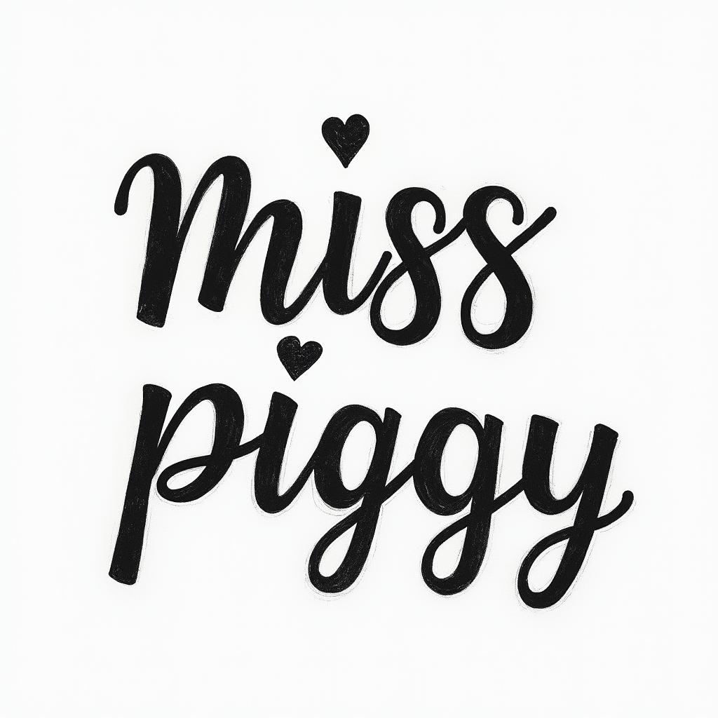 Miss piggytext-based tattoo, japanese font ultra-realistic, perfectly placed, high-quality font design, photo-realistic shading, 8k, high quality, finely detailed typograph