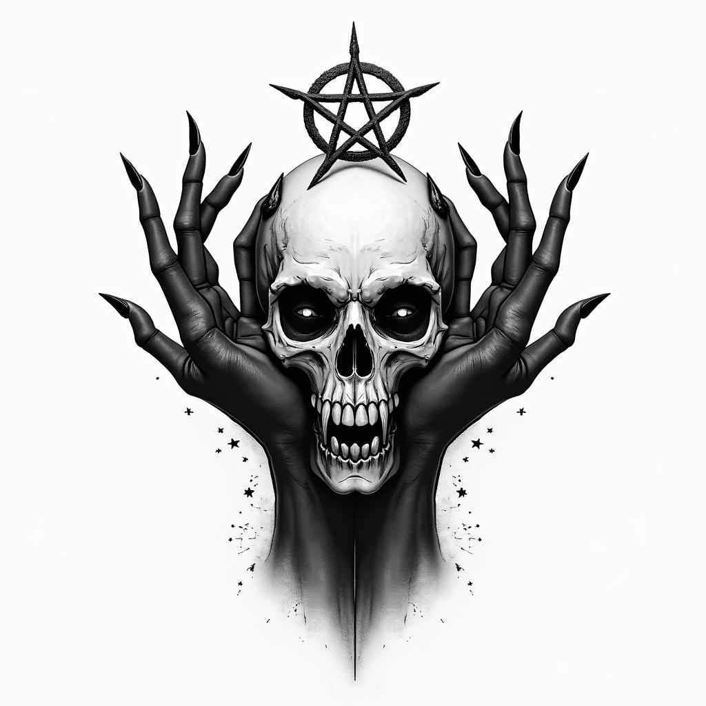 Female witch handscreepy horror tattoo style, featuring an eerie and unsettling skull of a demonic creature, distorted face with sharp fangs, add pentagram symbol