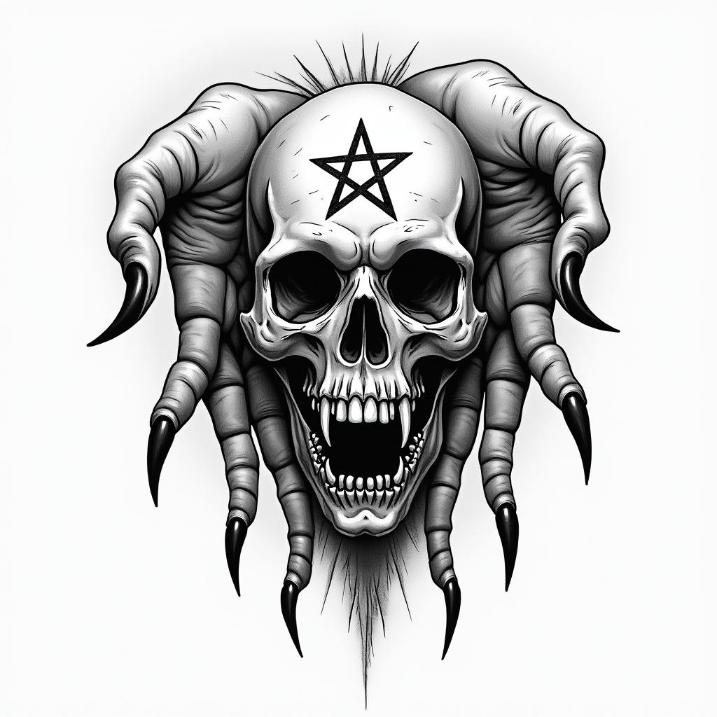 Female witch handscreepy horror tattoo style, featuring an eerie and unsettling skull of a demonic creature, distorted face with sharp fangs, add pentagram symbol - Variation 3
