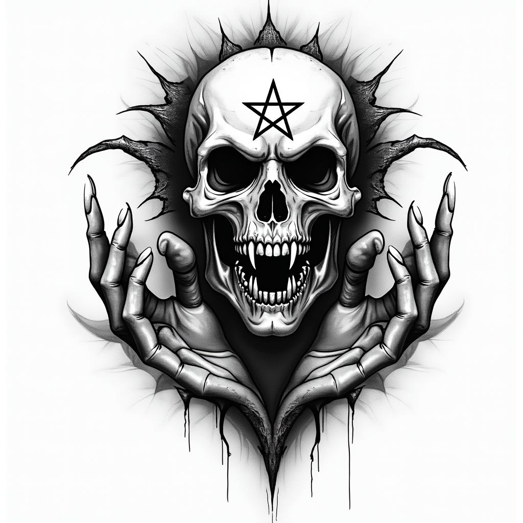 Female witch handscreepy horror tattoo style, featuring an eerie and unsettling skull of a demonic creature, distorted face with sharp fangs, add pentagram symbol - Variation 4