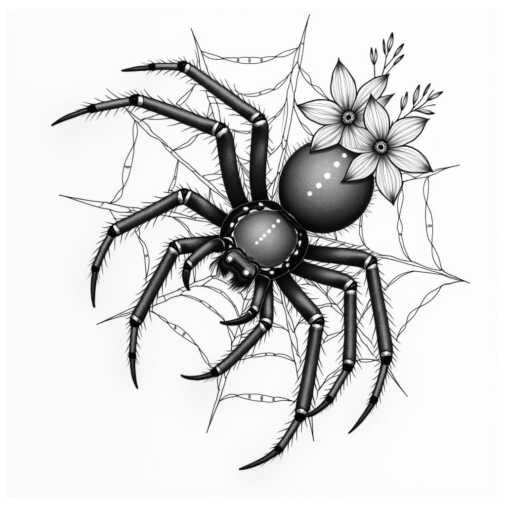 Small spider on web with lots of flowersin japanese style tattoo, detailed tattoo, traditional japanese culture tattoo, mythology, 8k - Variation 91