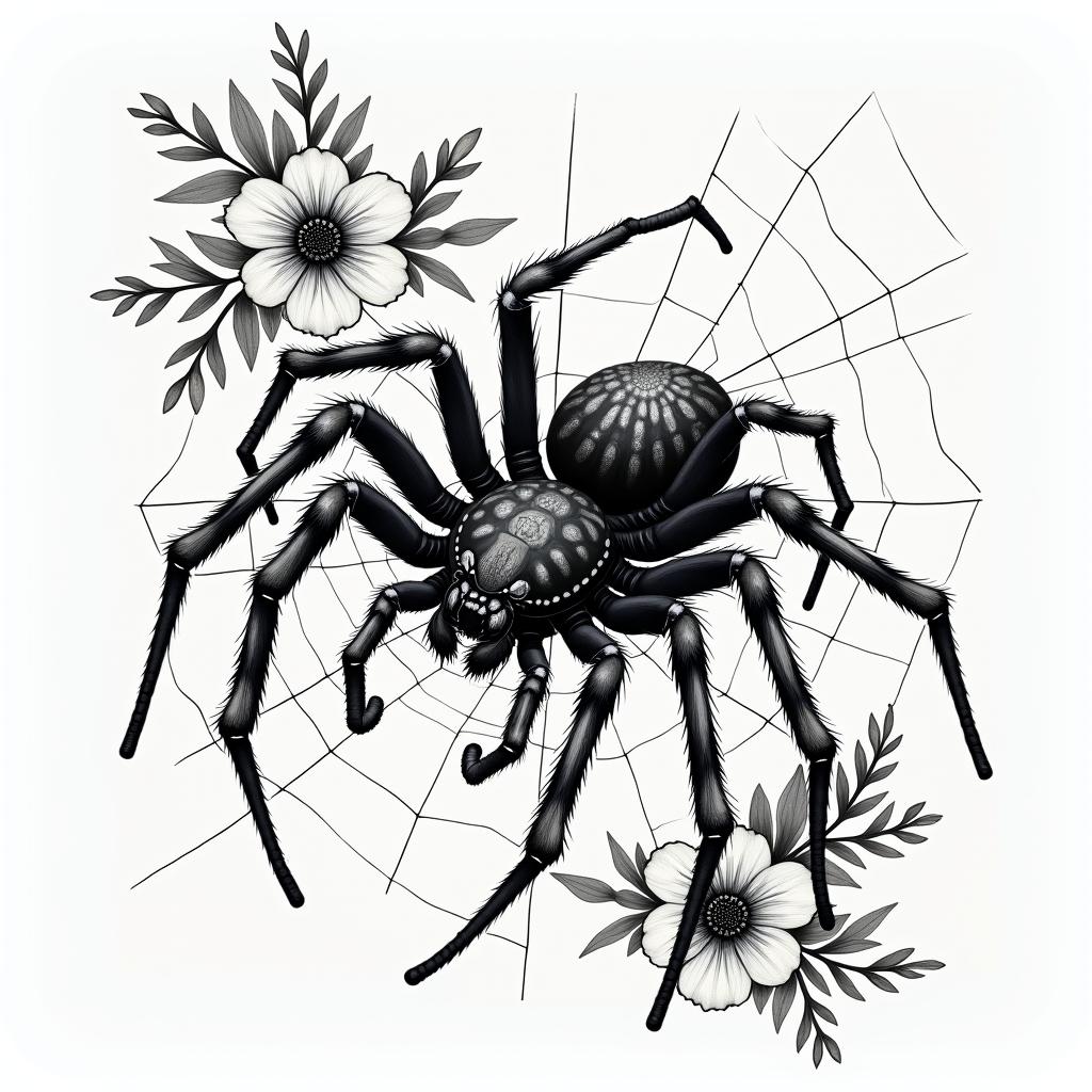 Small spider on web with lots of flowersin japanese style tattoo, detailed tattoo, traditional japanese culture tattoo, mythology, 8k - Variation 94