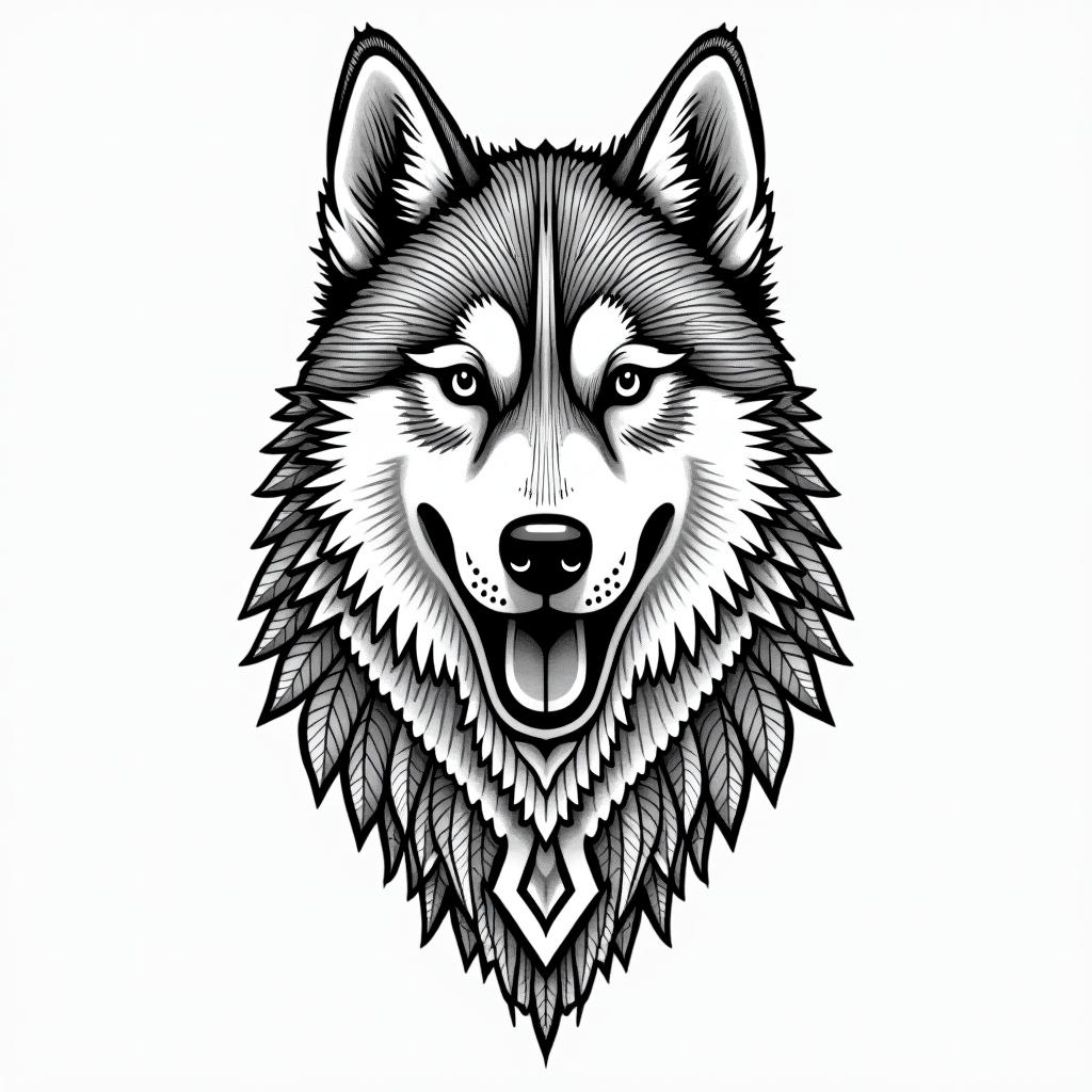 A husky dogin dotwork style tattoo, complex mandala patterns, interlocking geometric shapes with sharp symmetry, clean lines, sharp angles - Variation 3