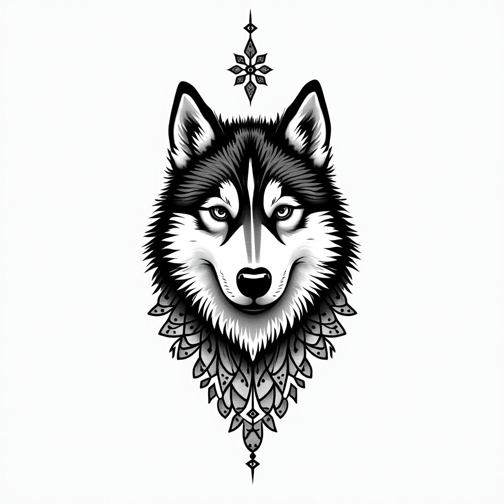 A husky dogin dotwork style tattoo, complex mandala patterns, interlocking geometric shapes with sharp symmetry, clean lines, sharp angles - Variation 2