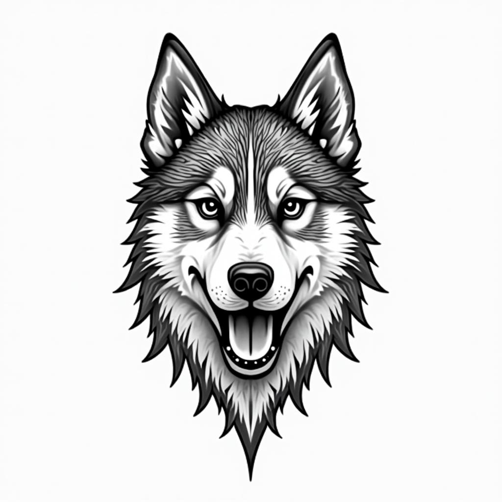 A husky dogin dotwork style tattoo, complex mandala patterns, interlocking geometric shapes with sharp symmetry, clean lines, sharp angles