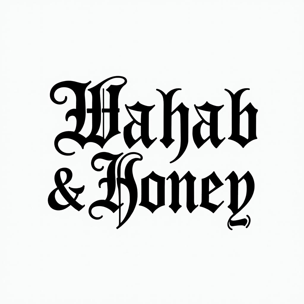 Two names Wahab & Honey joining togethertext-based tattoo, gothic font ultra-realistic, perfectly placed, high-quality font design, photo-realistic shading, 8k, high quality, finely detailed typography - Variation 4