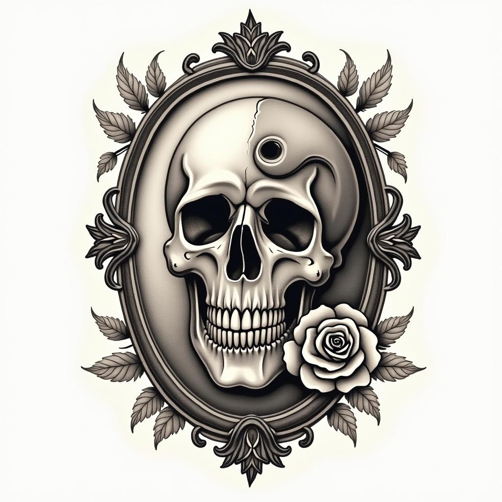 half dolphin half skullin victorian style tattoo, featuring vintage and elegant elements, ornate frames, roses, antique, sepia-toned color scheme - Variation 2