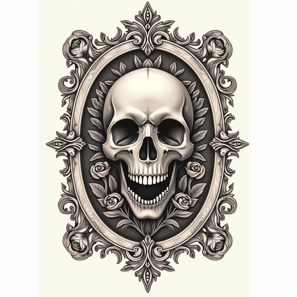half dolphin half skullin victorian style tattoo, featuring vintage and elegant elements, ornate frames, roses, antique, sepia-toned color scheme