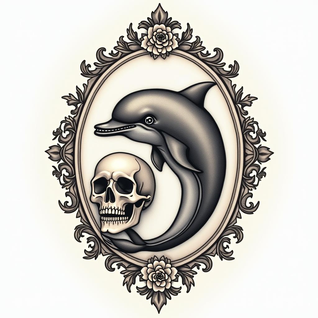 half dolphin half skullin victorian style tattoo, featuring vintage and elegant elements, ornate frames, roses, antique, sepia-toned color scheme - Variation 3