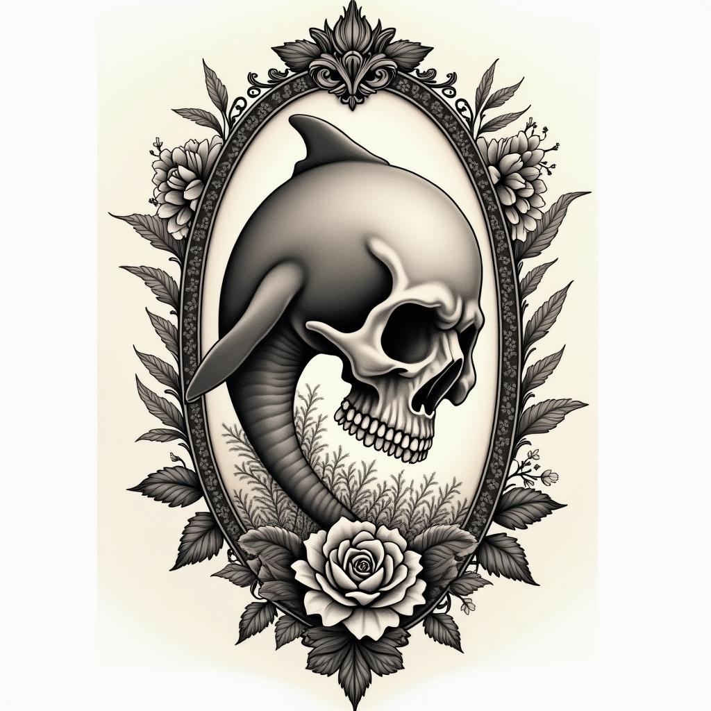 half dolphin half skullin victorian style tattoo, featuring vintage and elegant elements, ornate frames, roses, antique, sepia-toned color scheme - Variation 4
