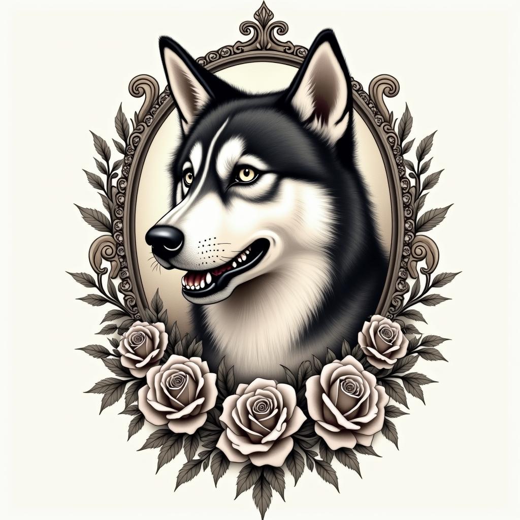 A husky dogin victorian style tattoo, featuring vintage and elegant elements, ornate frames, roses, antique, sepia-toned color scheme - Variation 2