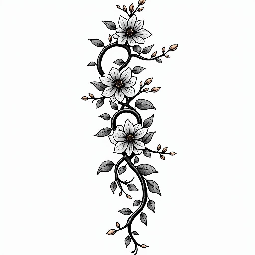 Vines with flowers, very largein 8-bit tattoo style, minimalistic pixel style tattoo, pixel art with simplified shapes and retro gaming visuals, inspired by 8-bit pixel based detailing - Variation 3