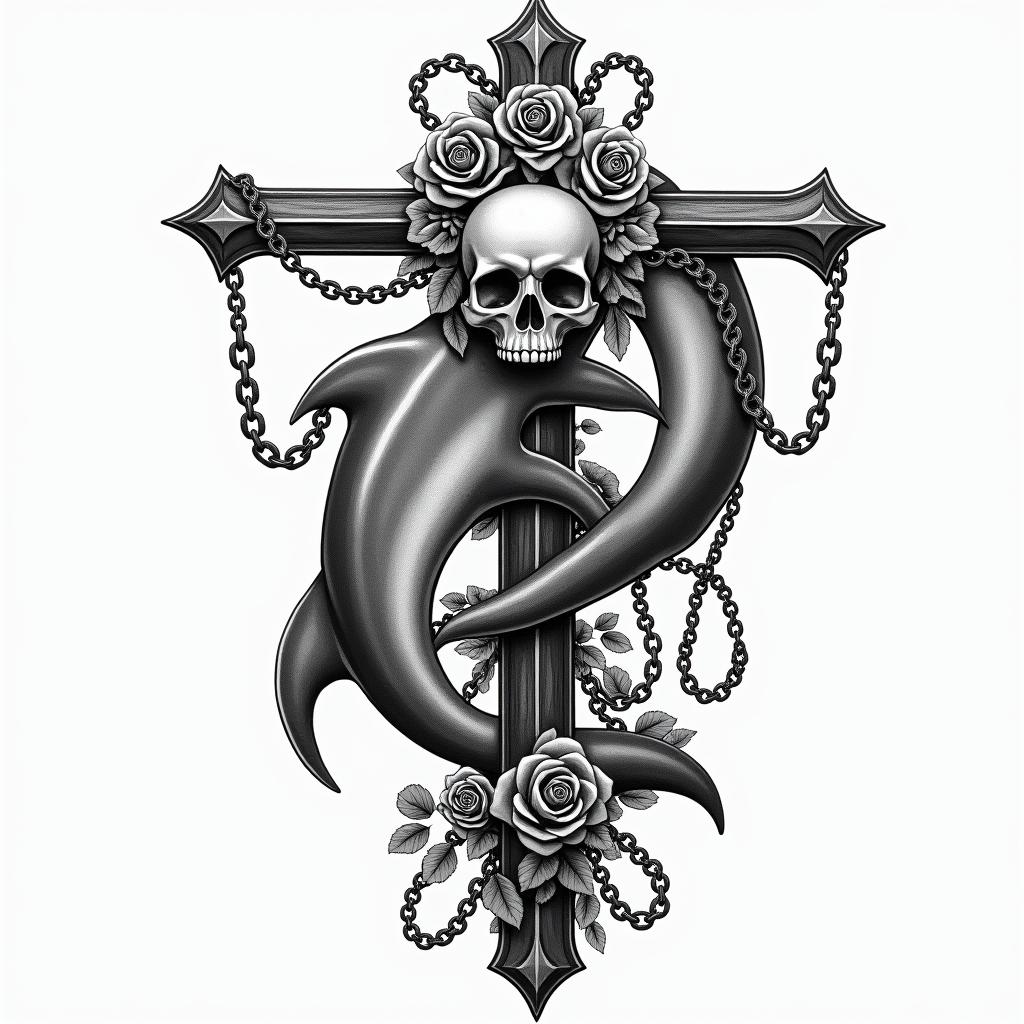 half dolphin half skullin chicano style tattoo, featuring intricate black and grey shading, bold elements of traditional chicano culture symbols, add a big cross with skull, chains and roses