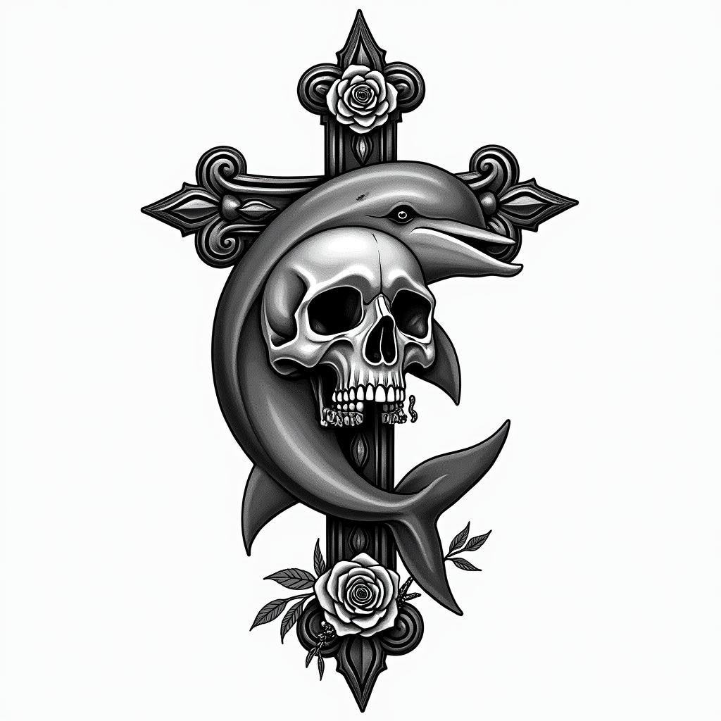 half dolphin half skullin chicano style tattoo, featuring intricate black and grey shading, bold elements of traditional chicano culture symbols, add a big cross with skull, chains and roses - Variation 4