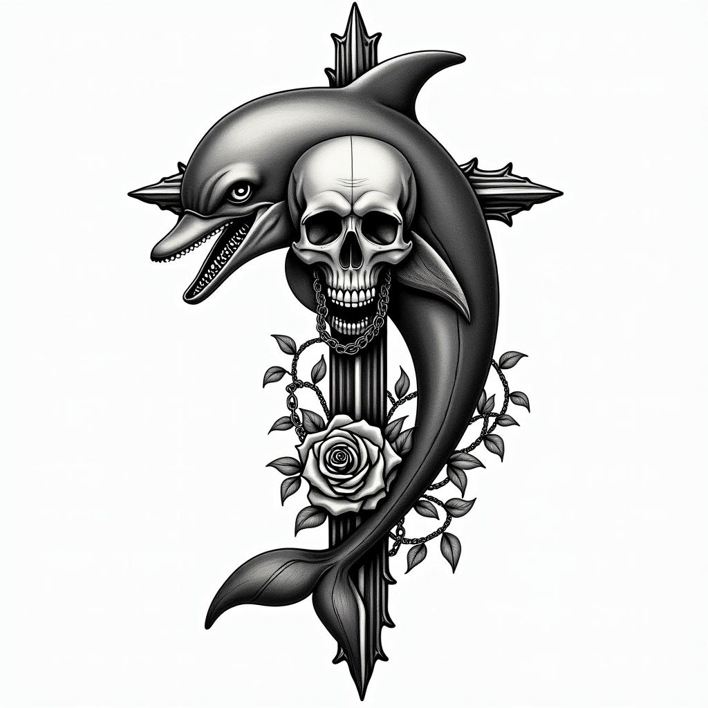 half dolphin half skullin chicano style tattoo, featuring intricate black and grey shading, bold elements of traditional chicano culture symbols, add a big cross with skull, chains and roses - Variation 3