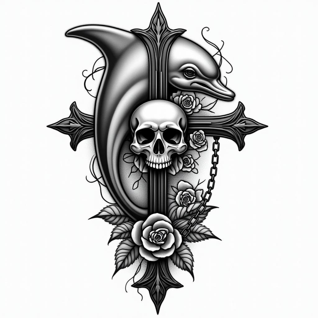half dolphin half skullin chicano style tattoo, featuring intricate black and grey shading, bold elements of traditional chicano culture symbols, add a big cross with skull, chains and roses - Variation 2