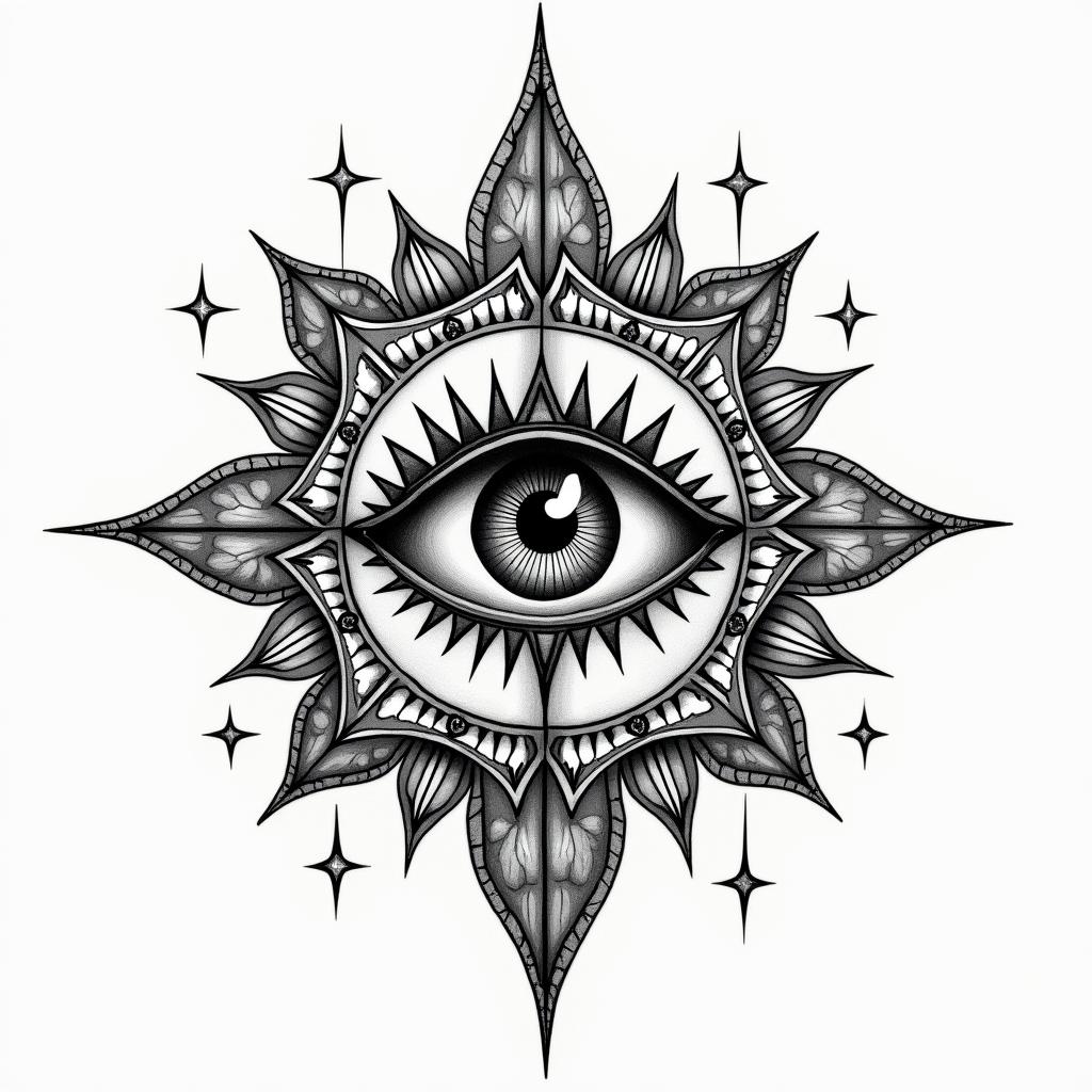 Geometryin prophecy tattoo style, featuring mystical symbols, celestial imagery like stars, moons, suns, geometric patterns, foretelling elements, an eye of wisdom - Variation 4