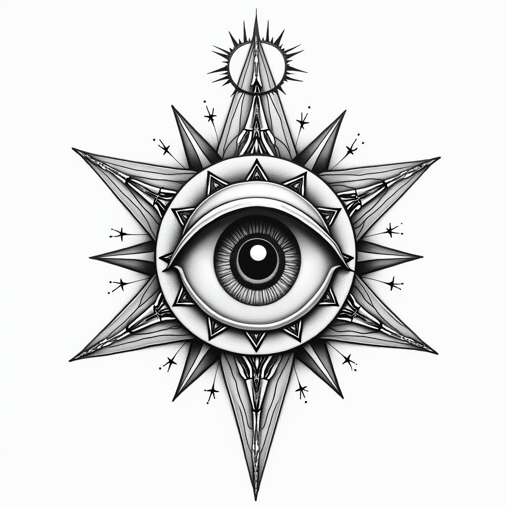 Geometryin prophecy tattoo style, featuring mystical symbols, celestial imagery like stars, moons, suns, geometric patterns, foretelling elements, an eye of wisdom - Variation 3