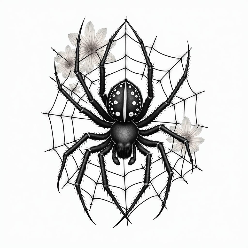 Small spider on web with lots of flowersin japanese style tattoo, detailed tattoo, traditional japanese culture tattoo, mythology, 8k - Variation 84
