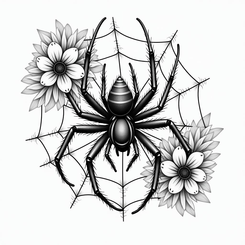 Small spider on web with lots of flowersin japanese style tattoo, detailed tattoo, traditional japanese culture tattoo, mythology, 8k - Variation 83
