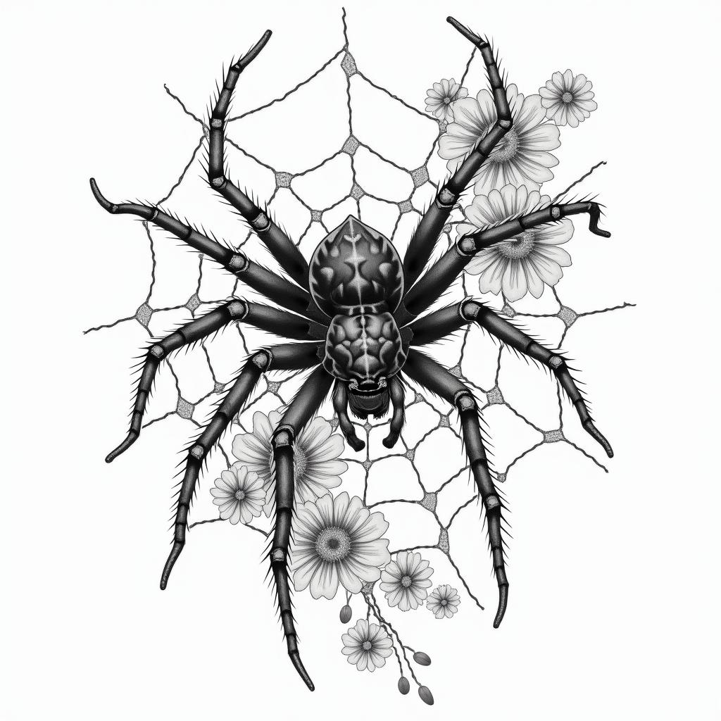 Small spider on web with lots of flowersin japanese style tattoo, detailed tattoo, traditional japanese culture tattoo, mythology, 8k - Variation 85