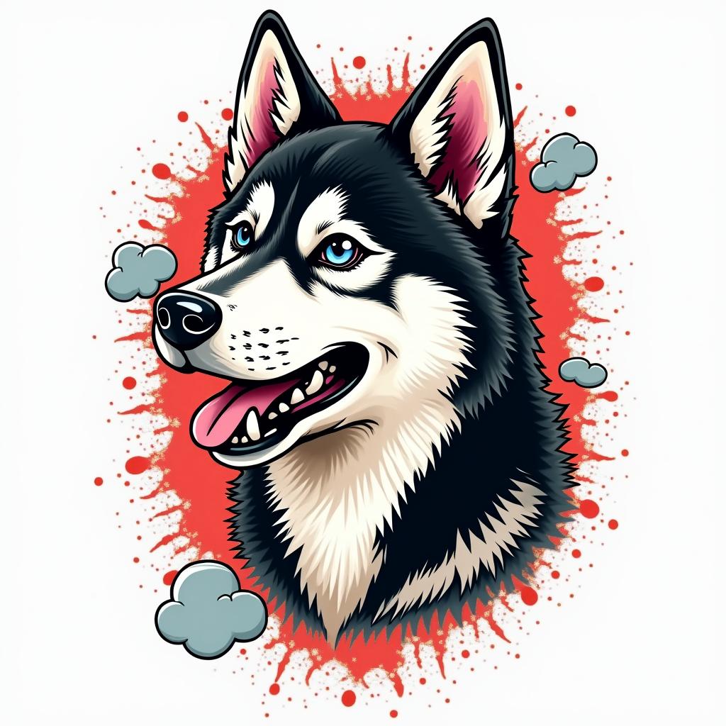 Husky dogin pop art style tattoo, featuring bold and vibrant colors, exaggerated outlines, iconic imagery, inspired by comic books and speech bubbles, comic book characters, retro pop culture