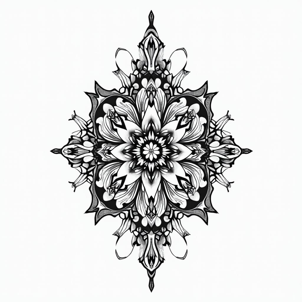 Freedom Love Seain ornamental tattoo style, featuring intricate symmetrical patterns and floral designs, showcasing highly detailed line work and geometric shapes, creating a sense of elegance and balance