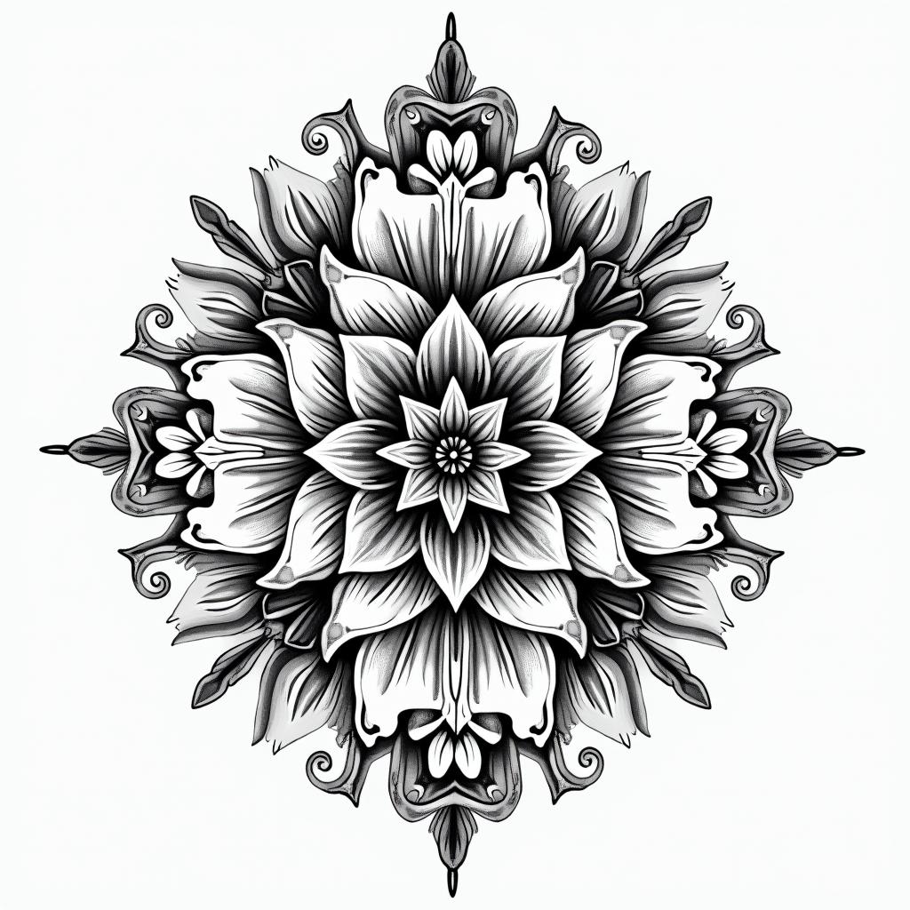 Freedom Love Seain ornamental tattoo style, featuring intricate symmetrical patterns and floral designs, showcasing highly detailed line work and geometric shapes, creating a sense of elegance and balance - Variation 3