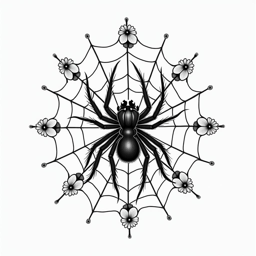 Small spider on web with lots of flowersin japanese style tattoo, detailed tattoo, traditional japanese culture tattoo, mythology, 8k - Variation 82