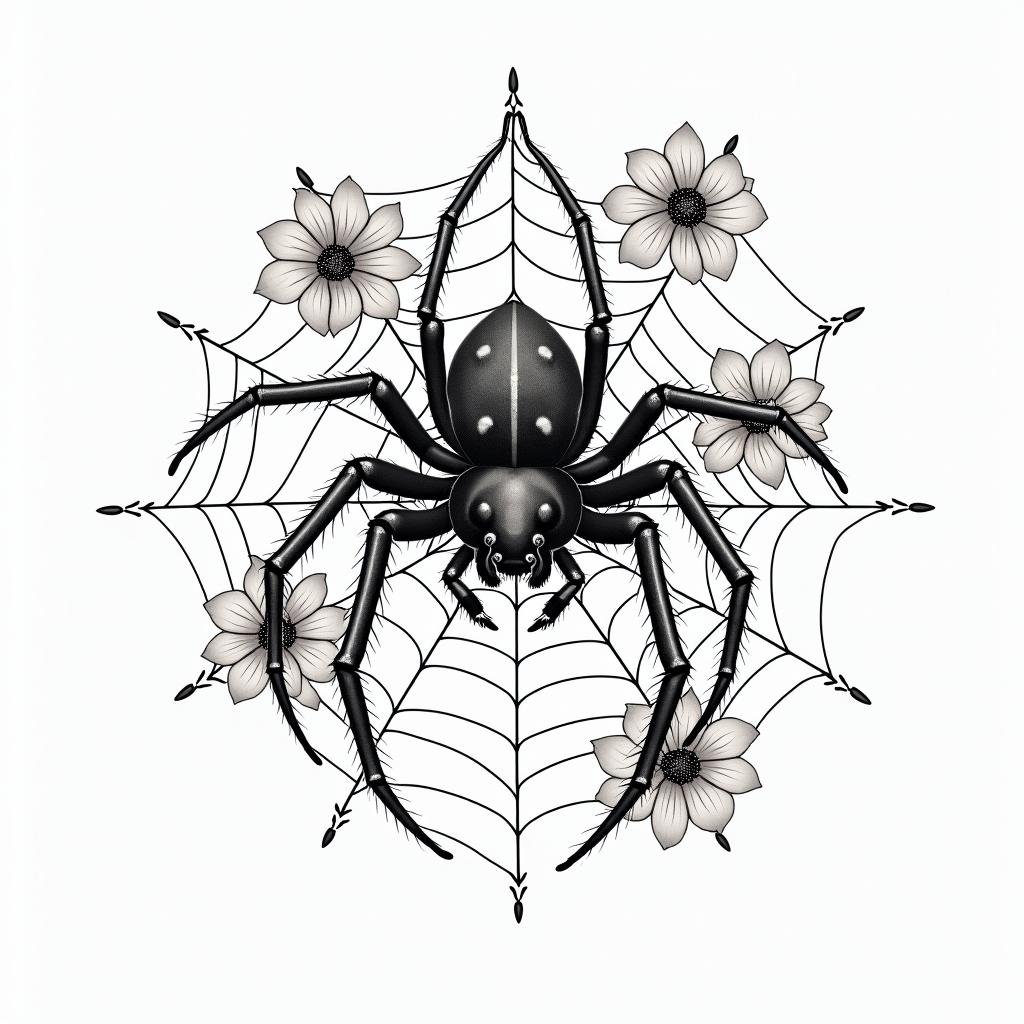 Small spider on web with lots of flowersin japanese style tattoo, detailed tattoo, traditional japanese culture tattoo, mythology, 8k - Variation 80