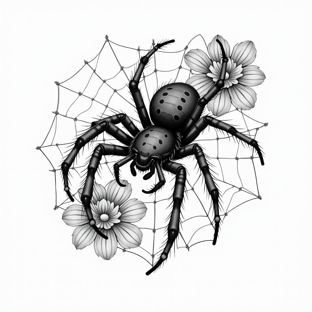 Small spider on web with lots of flowersin japanese style tattoo, detailed tattoo, traditional japanese culture tattoo, mythology, 8k - Variation 81
