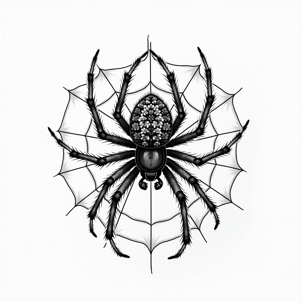 Small spider on web with lots of flowersin japanese style tattoo, detailed tattoo, traditional japanese culture tattoo, mythology, 8k - Variation 79