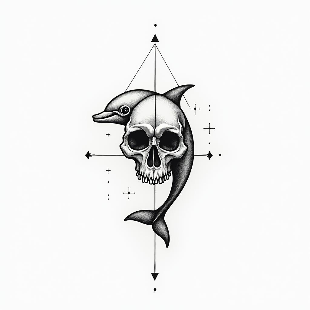 half dolphin half skullin minimalist style tattoo, featuring simple shapes and fine lines, with minimal shading and details, tiny triangles, creating a sense of balance and harmony - Variation 4