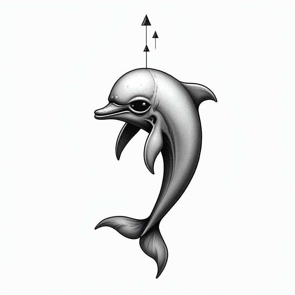 half dolphin half skullin minimalist style tattoo, featuring simple shapes and fine lines, with minimal shading and details, tiny triangles, creating a sense of balance and harmony - Variation 2