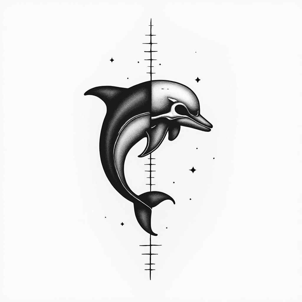 half dolphin half skullin minimalist style tattoo, featuring simple shapes and fine lines, with minimal shading and details, tiny triangles, creating a sense of balance and harmony