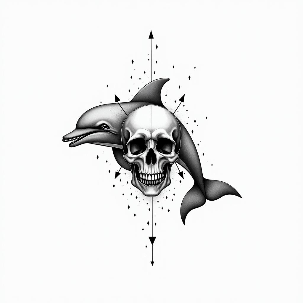 half dolphin half skullin minimalist style tattoo, featuring simple shapes and fine lines, with minimal shading and details, tiny triangles, creating a sense of balance and harmony - Variation 3